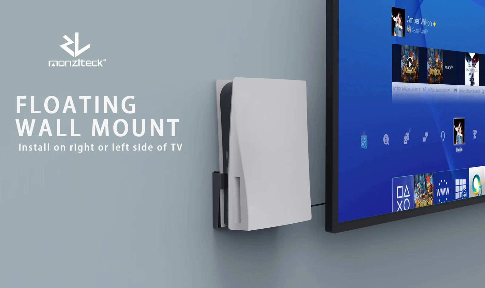 Monzlteck New Wall Mount for  PS5( Disc and Digital),All Metal Vertical Hanging on Wall Space Saver Easy to Install