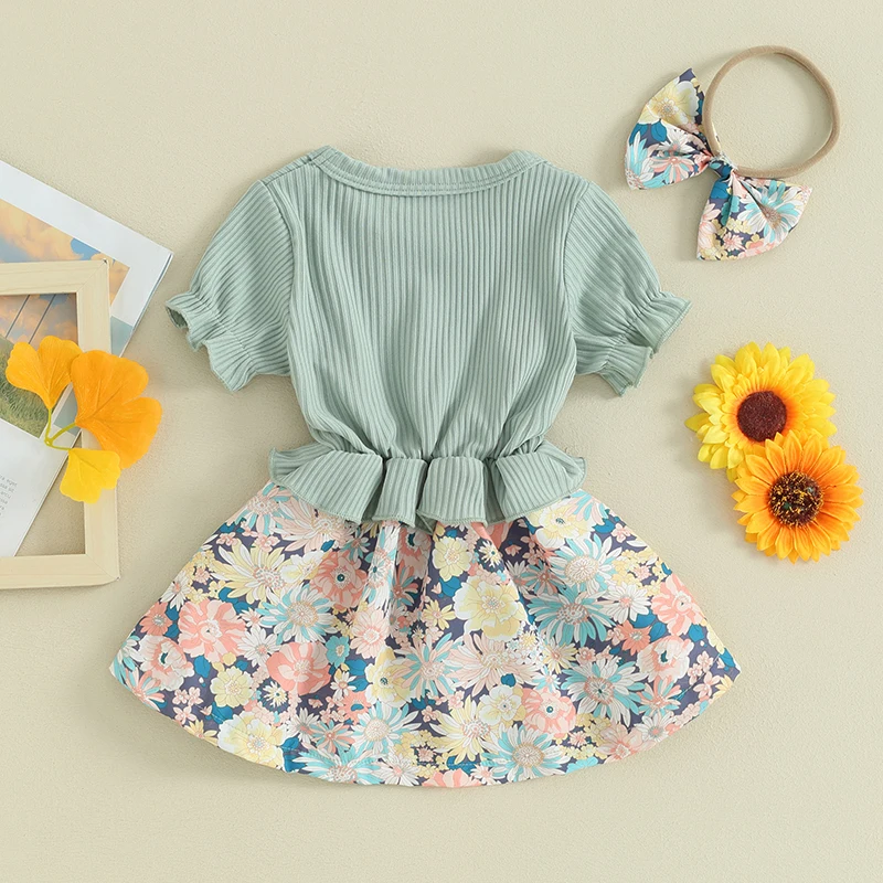 FOCUSNORM 0-3Y Toddler Baby Girls Cute Dress Floral Patchwork Short Sleeve Ribbed Bowknot A-Line Dress and Headband