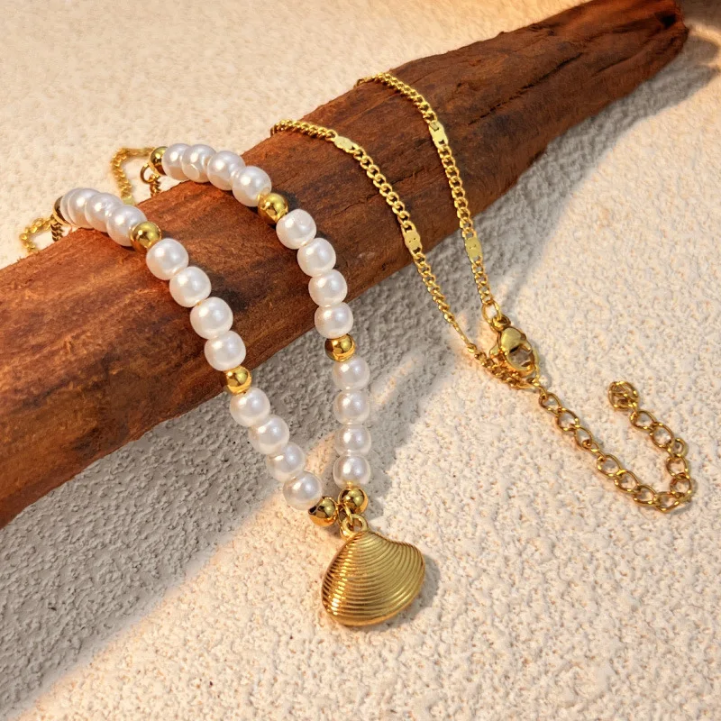 Handmade Weave Imitation Pearl Geometric Sun Shell Pendant Stainless Steel Necklace Mini Sea Turtle Short Choker Elegant Jewelry