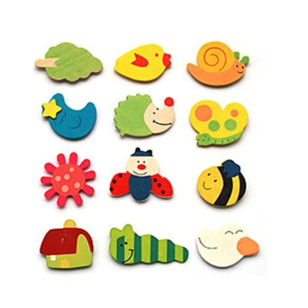 Cute Fridge Magnet Stickers 12Pcs/Set Wooden Cartoon Shape