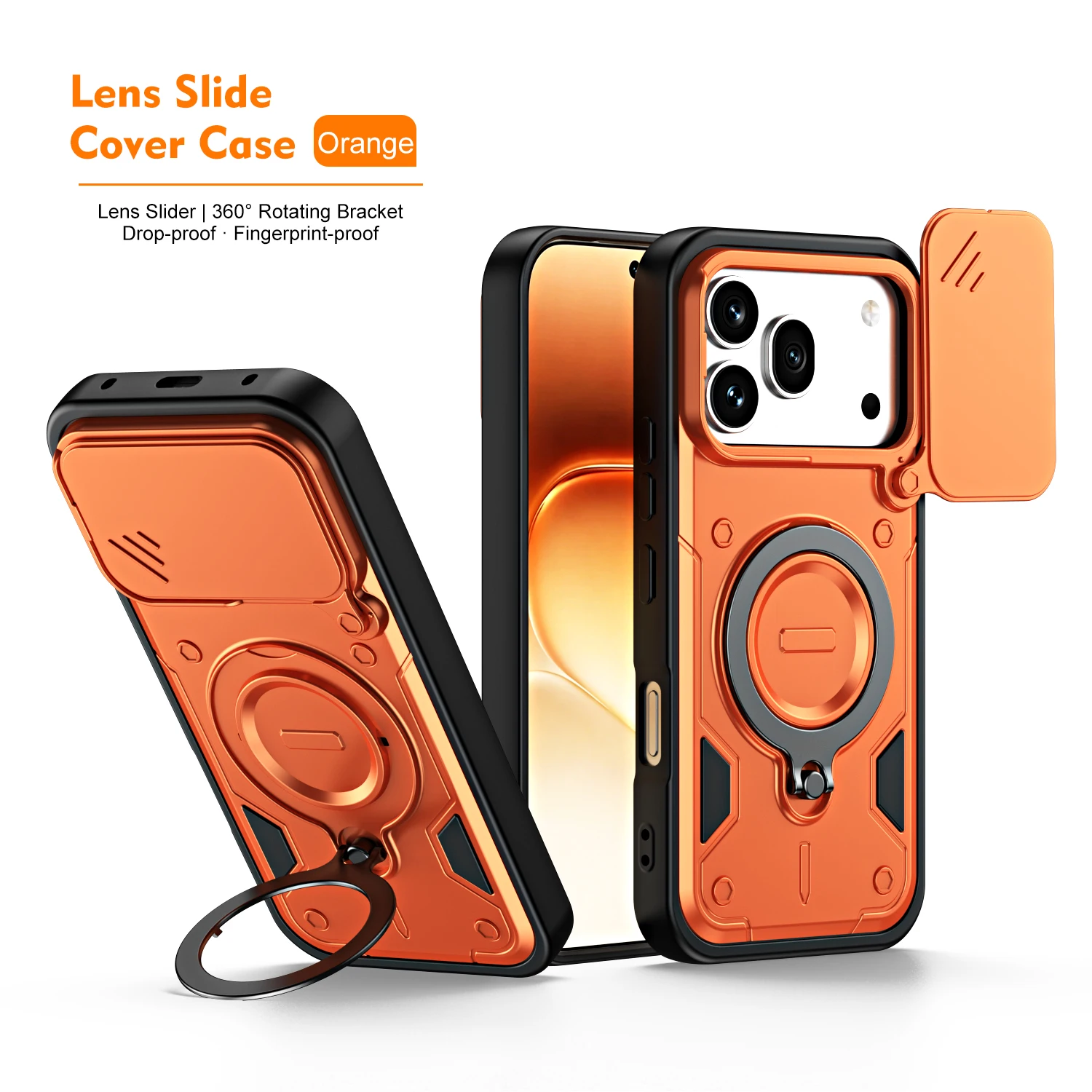 Dual-Function Dropproof Protective Case with Sliding Lens Cover and Metal Ring Bracket