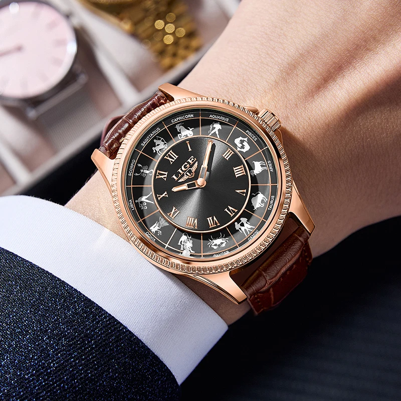 LIGE Creative Watch For Men Fashion 12 Constellation Waterproof Watches Men Casual Business Leather Luminous Quartz Wristwatch