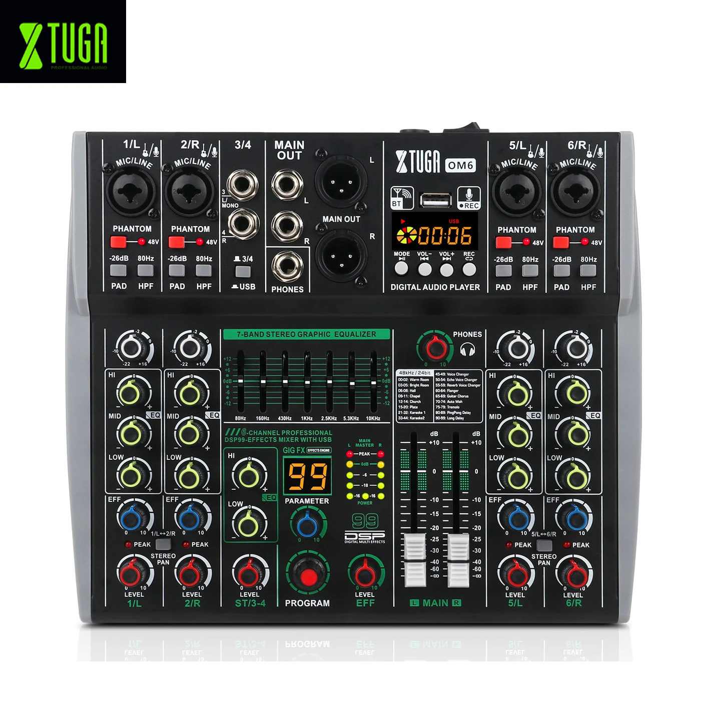 XTUGA OM6 프로페셔널 오디오 믹서 6채널 99 DSP 이펙트 믹싱 콘솔 (블루투스, USB 레코딩, 비디오 및 조명 기능 포함)