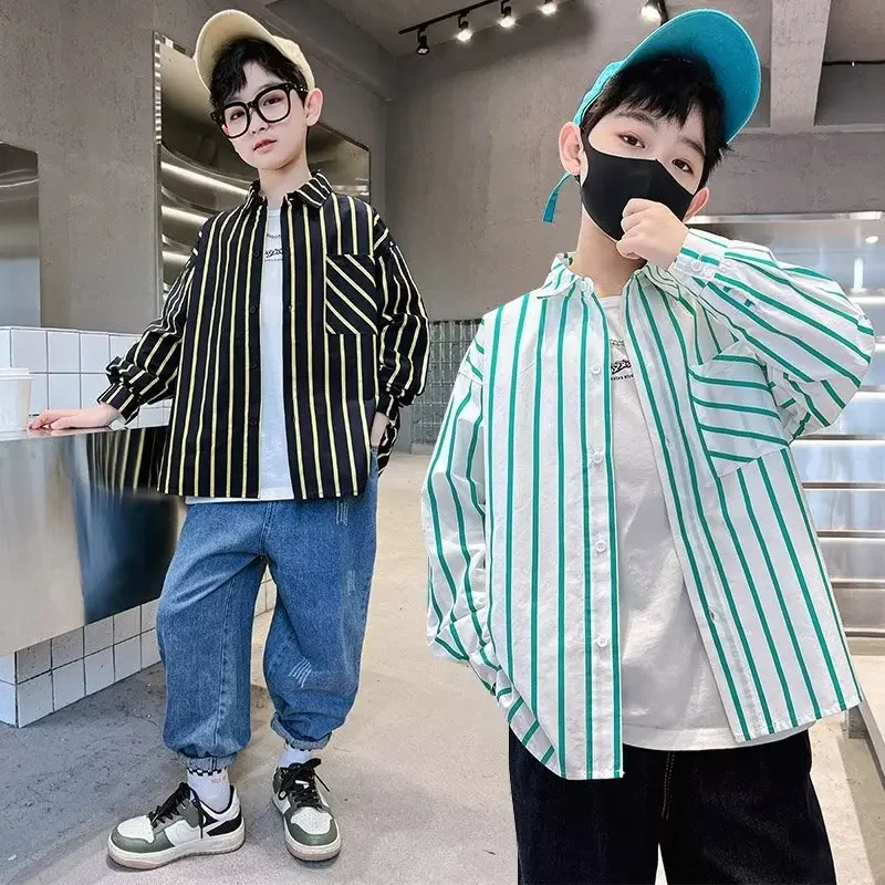 남아용 긴팔 스트라이프 셔츠, 얇은 버전, 한국 버전 겉옷, 젊음, 어린이 셔츠, 새로운 스타일, 용수철 가을