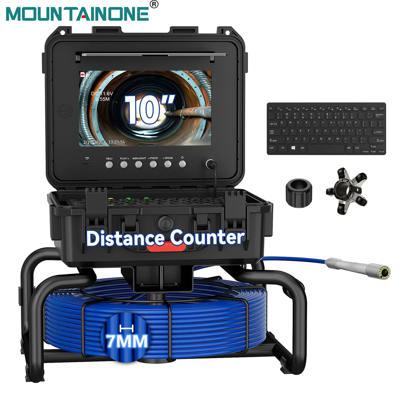 Sewer Pipe Inspection Camera With Keyboard Meter Counter,10" IPS Screen 7mm 512hz Self-Leveling AHD1080P Sewer Drain Borescope 1