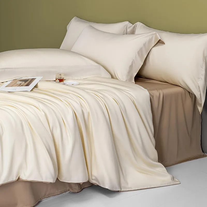 

600TC эвкалипта лиоцелл двусторонний кремовый коричневый пододеяльник с галстук с молнией, мягкая охлаждающая кровать, простыня, наволочки, Комплект постельного белья