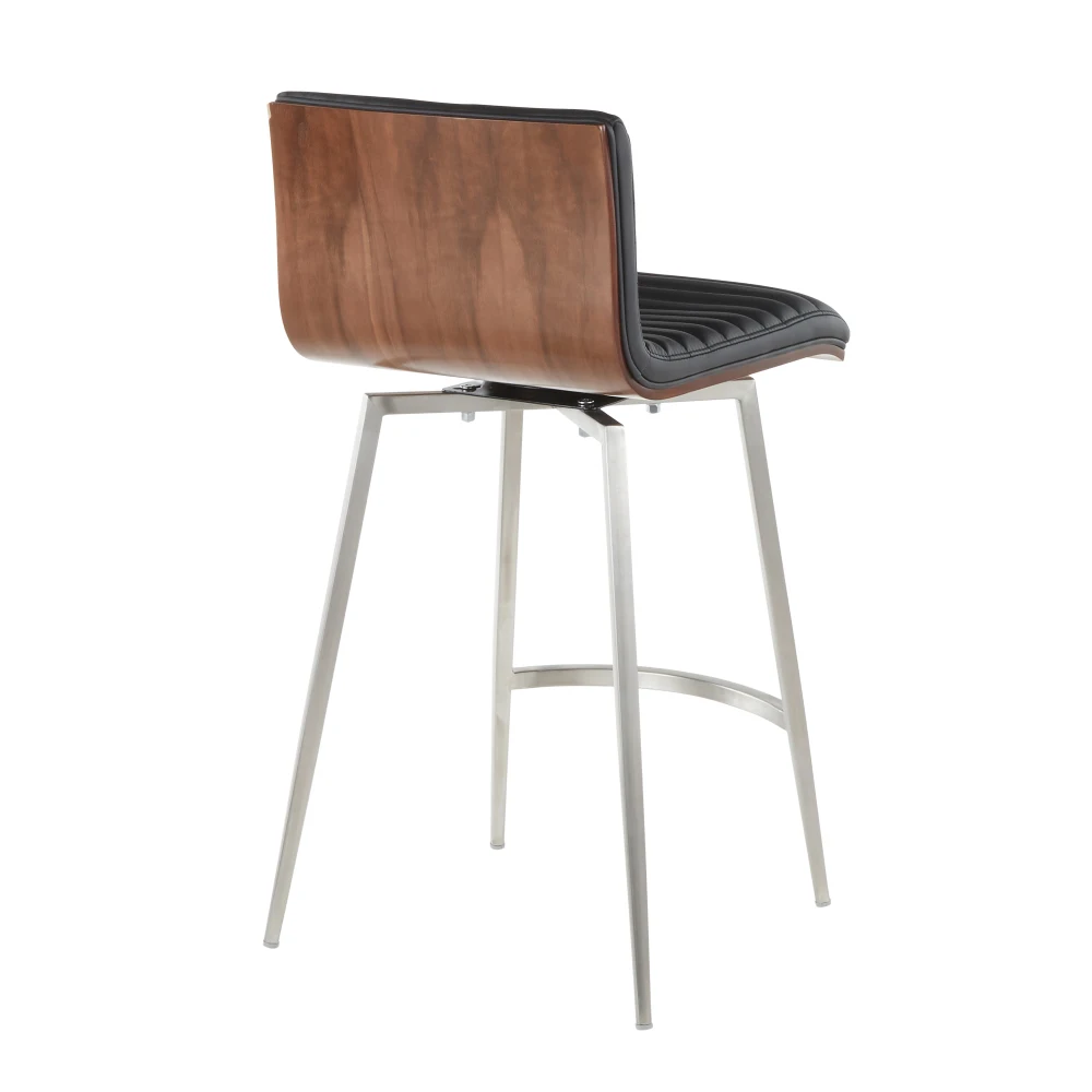 Mason Contemporary Swivel Counter Stool in Stainless Steel, Walnut Wood, and Black Faux Leather by LumiSource - Set of 2 4