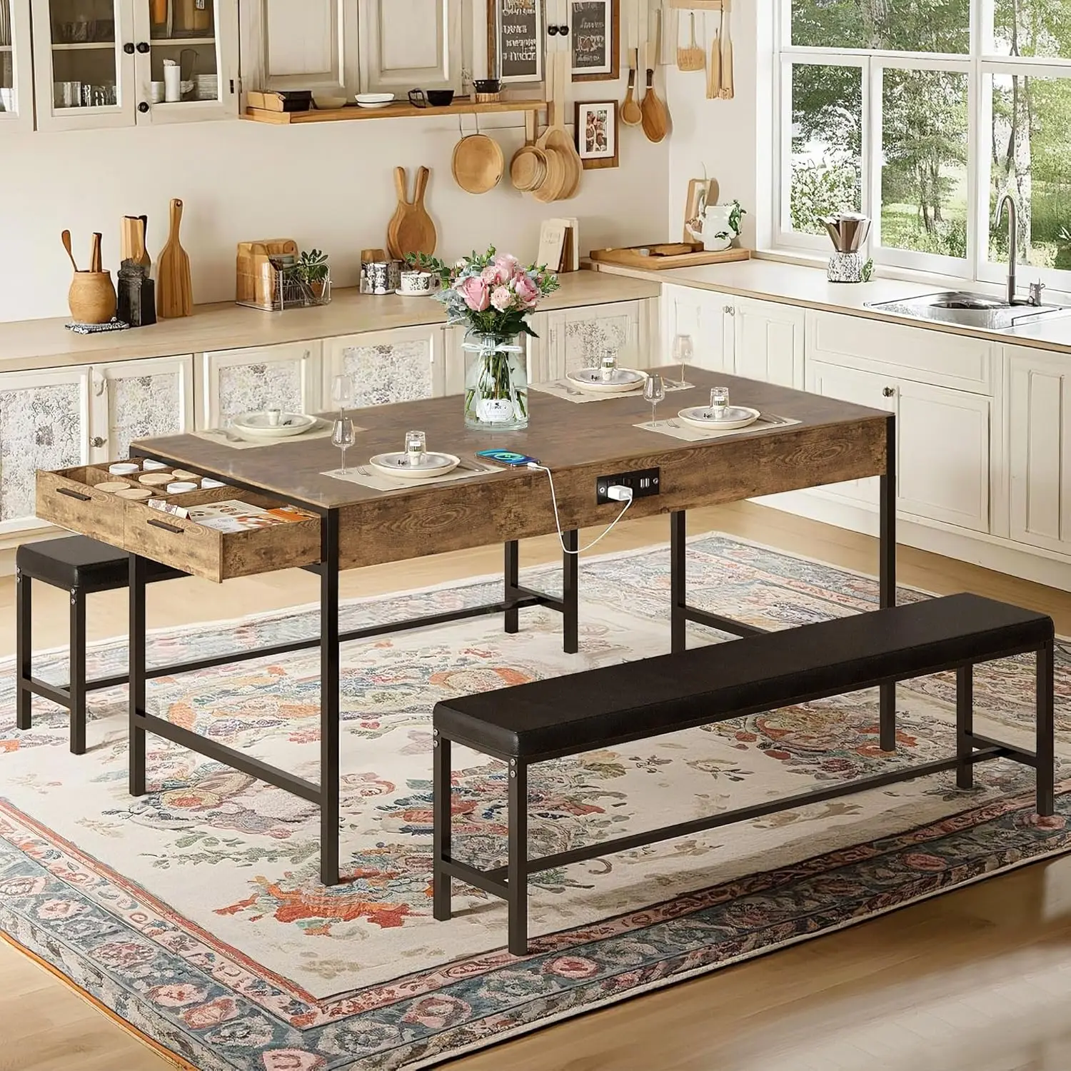 new-65" Dining Table Set for 4-6, 3-Piece Kitchen Set with 2 Utensil Drawers, 2 Benches & Wine Rack, Space Saving & Heavy Duty