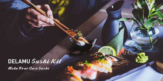 DELAMU Sushi Making Kit 20 in 1 Sushi Maker Bazooka Roller Kit w/ Bamboo Mat  NIB