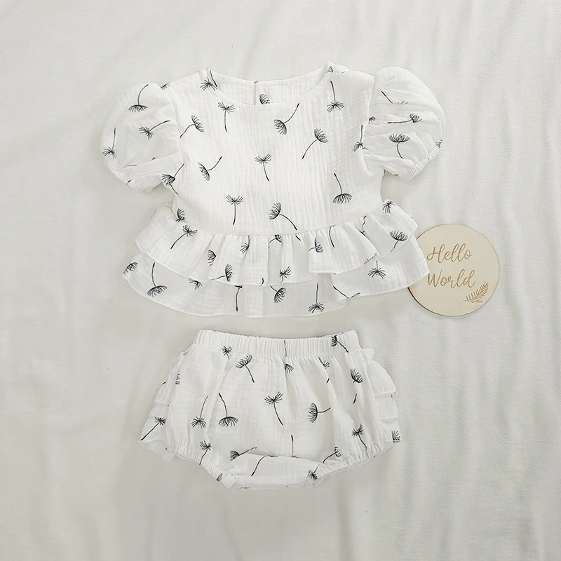 baby's complete set of clothing Baby Girl Clothes Suits Floral Short Sleeve Ruffle Skirt Top + Bloomers Shorts Suit Summer Soft Cotton Dandelion Print Jumpsuit baby clothes in sets	 Baby Clothing Set