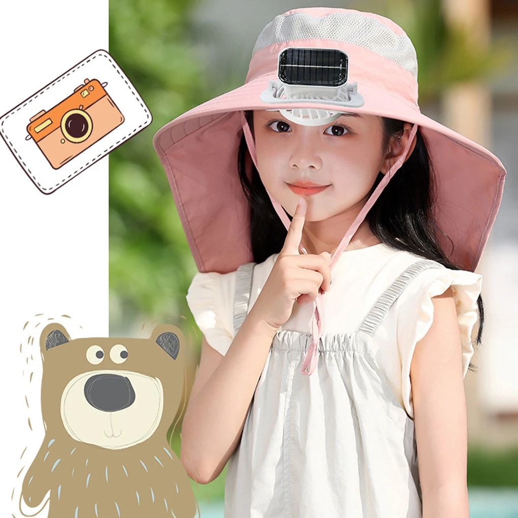 Summer Children Solar Fan Outdoor Fishing Hat Fan USB Solar Charging Big Wind Big Rim Sunblock Hat Visor Fisherman Hat Quick Dry