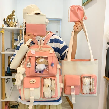 5 Pcs Set Kawaii Girls Backpack For Student School Bag Teenager Girls Schoolbag Book Bags Pencil Case Women Travel Backpack Tote 1