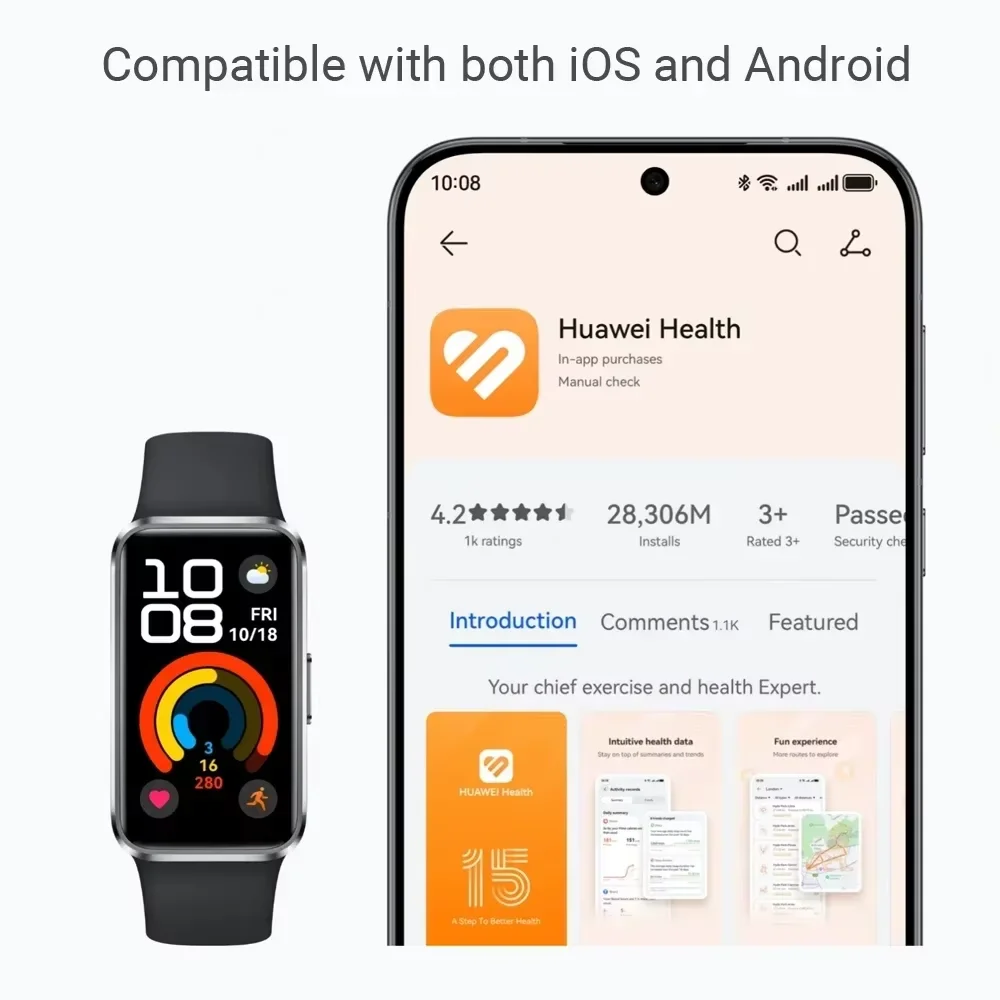 화웨이 밴드 10 스마트워치, IOS 및 안드로이드와 호환, 수면 추적, 건강 모니터링, 14일 배터리 수명