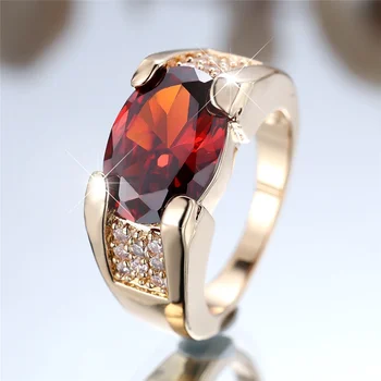 Female Cute Red Zircon Big Oval Stone Ring Gold Color Engagement Charm Wedding Jewelry For Women