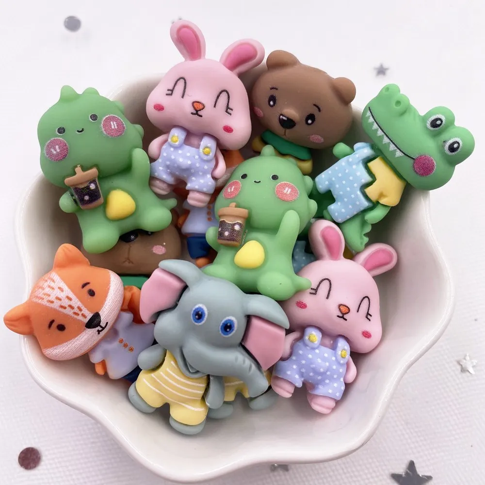Hand Painted Resin Kawaii Colorful Rabbit Elephant Fox Bear Dinosaur Flatback Stone Figurine 12PCS Scrapbook DIY Decor Crafts rabbit ornaments,rabbit ornament,ornament crafts,miniature ornament,bear figure toy,resin ornaments,miniature figurines,resin crafts
