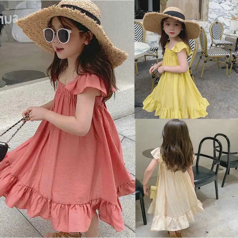 

Summer Baby and Girls Sweet Plain Square Collar Ruched Ruffled Sleeved Lace Up Backless Dress Kids Lovely Outfit Clothing 2-8Yrs