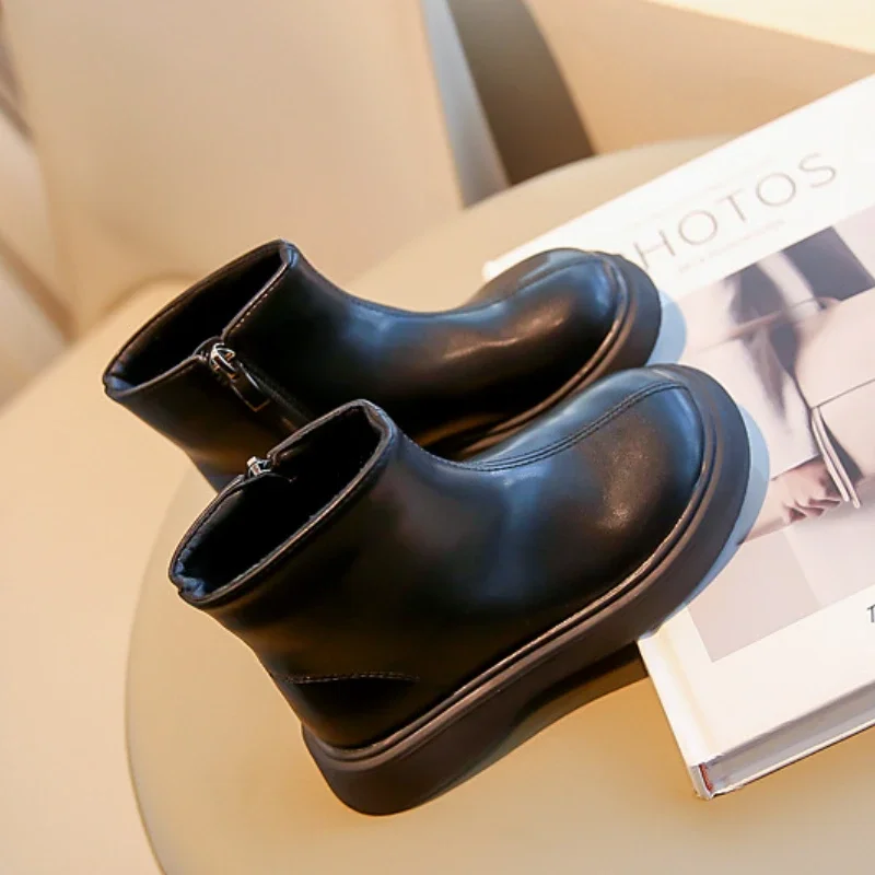 Spring Autumn Children's Fashion Boots Simple Style Girls Leather Boots Solid Color Kids Causal Ankle Boots Classic Side Zipper