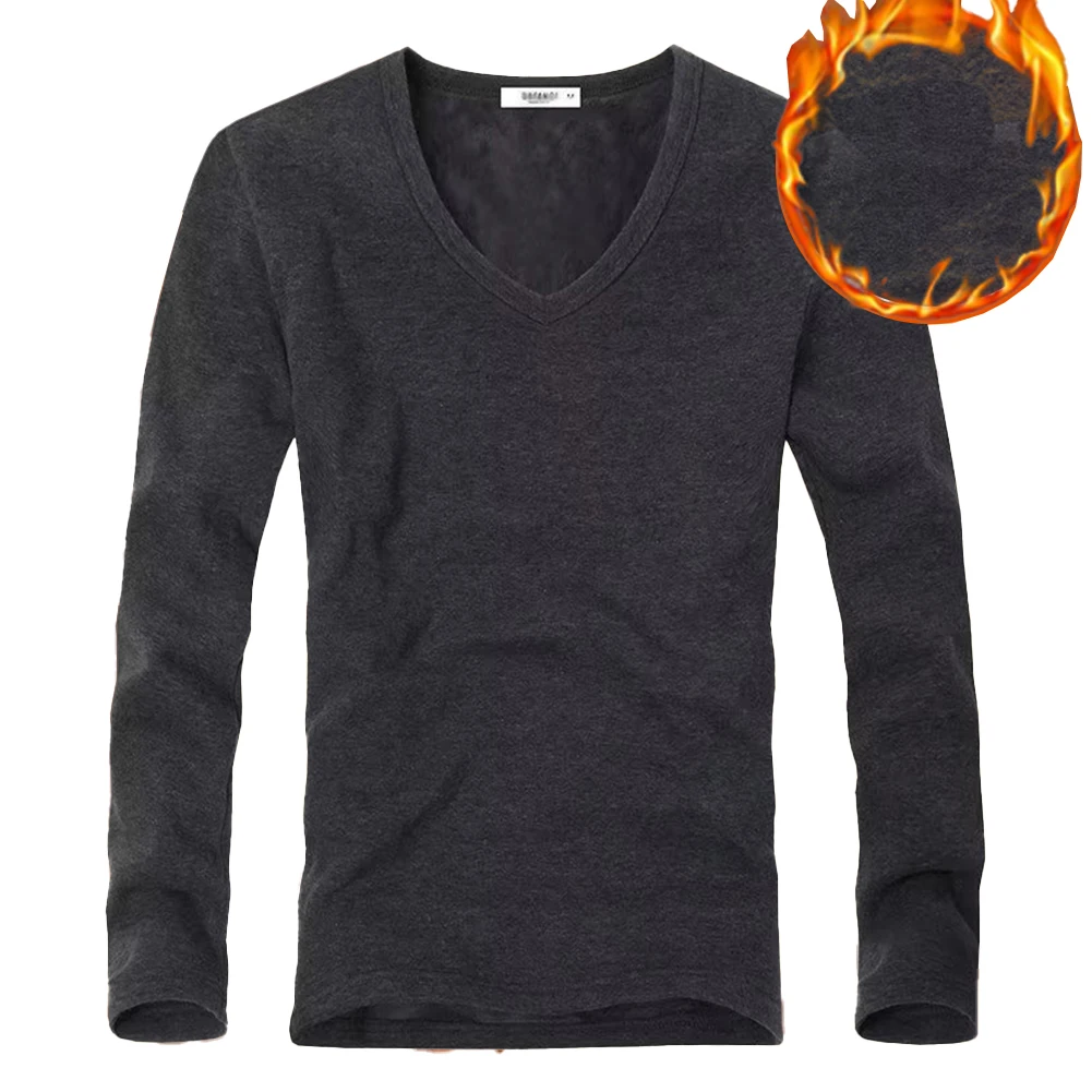 Winter Mens T-shirt Thermal Warm Undershirt V Neck Fleece Slim Fit T-shirt Long Sleeve Pullover Tops Underclothes