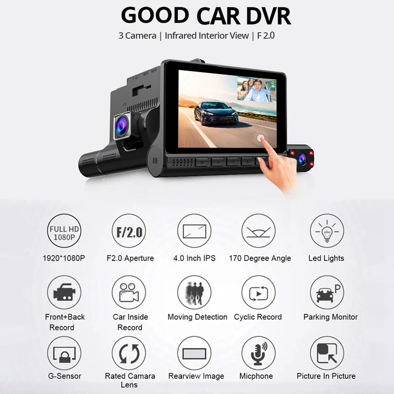 

3 Lens Car DVR 4 Inch 1080P Dash Cam Dual Lens Recorder HD Night Vision Registrar Reverse Rear View Driving Recorder