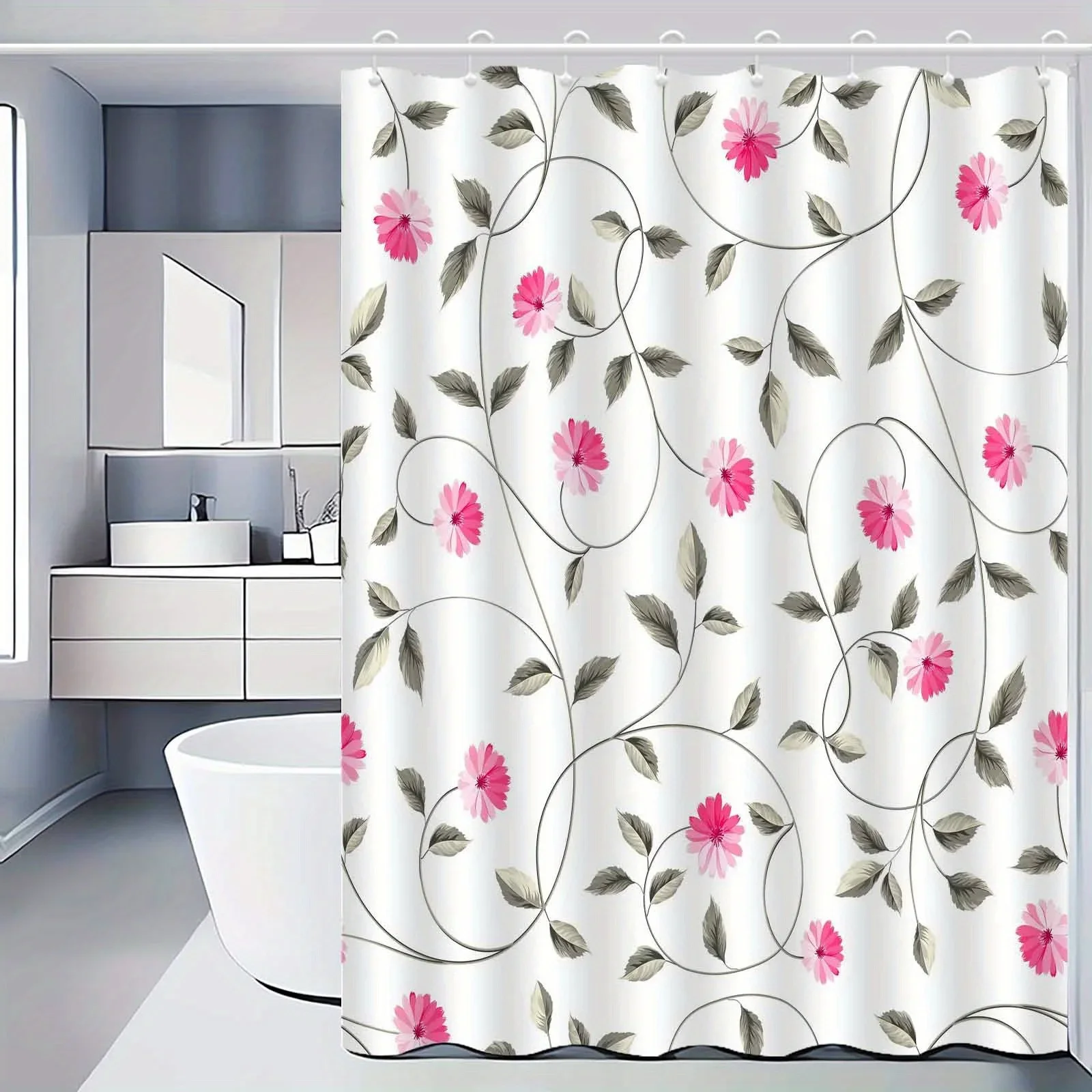 ผ้าม่านห้องน้ําลายดอกไม้และเถาวัลย์หรูหรา 1 ชิ้น, ตกแต่งห้องน้ํากันน้ําระดับไฮเอนด์พร้อมตะขอ, ซักด้วยเครื่องได้ 1