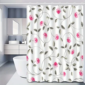 ผ้าม่านห้องน้ําลายดอกไม้และเถาวัลย์หรูหรา 1 ชิ้น, ตกแต่งห้องน้ํากันน้ําระดับไฮเอนด์พร้อมตะขอ, ซักด้วยเครื่องได้ 1