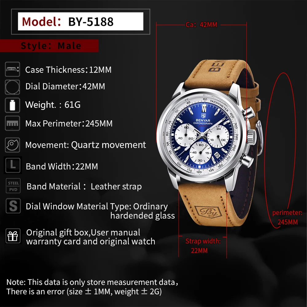 BENYAR New Quartz Watch For Men Top Brand 42MM Military Watch Luxury Chronograph 30M Waterproof Men Clock Reloj Hombre
