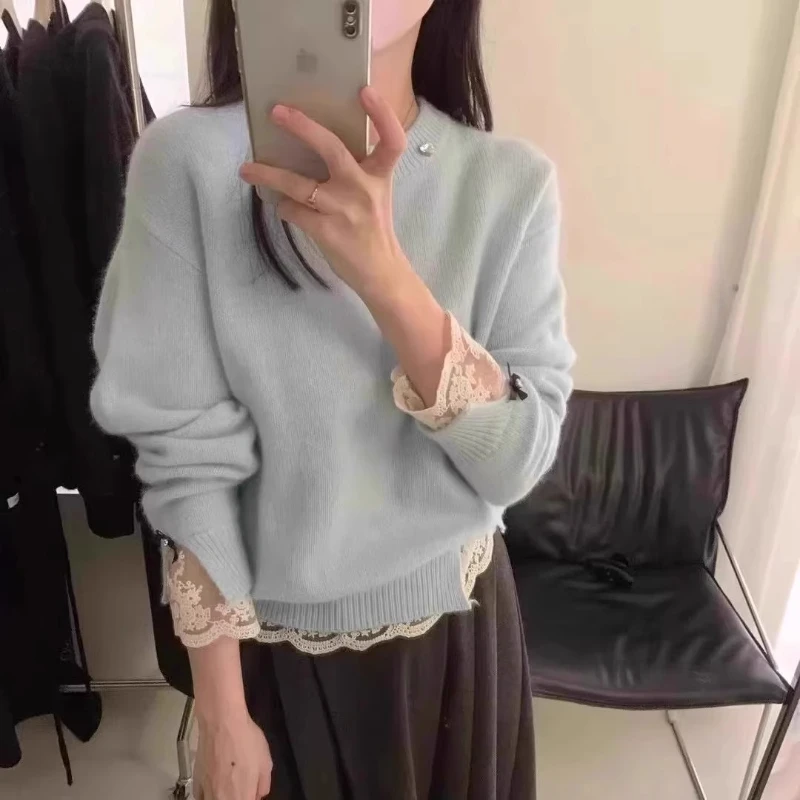 Autumn and Winter New Lace Splicing Women's O Neck Long-sleeved Sweater Women's Elegant Slim-fit Solid-color Pullover Knitwear