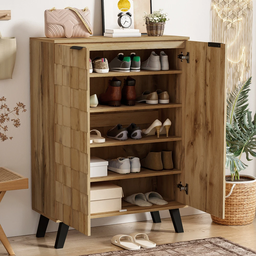 PINGGO Moderner Schuhschrank mit 5 Fächern - Wandmontiertes Aufbewahrungssideboard in Weiß mit Soft-Close-Tür - Abmessungen – Detail 4