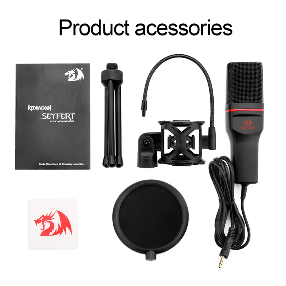 Redragon 3.5mm XLR Condenser Microphone With Tripod Audio 3.5mm Computer Studio For PC Broadcasting Karaoke Recording phone 