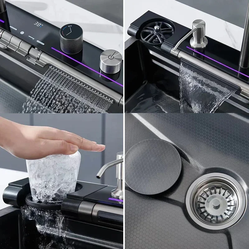 Stainless Steel Kitchen Waterfall Sink Embossed Digital Display Large Single Slot All-in-one Faucet Multi-functional Wash Bain 5