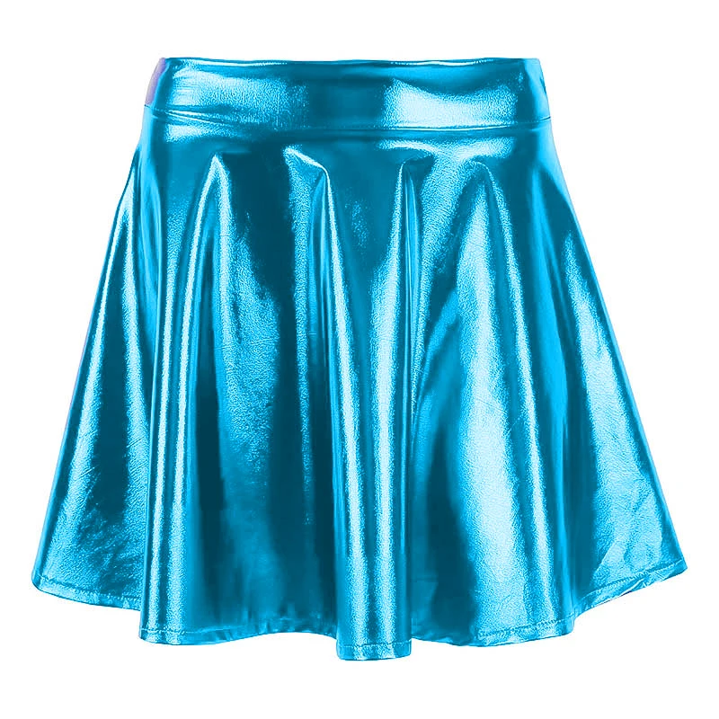 Speerise Metallic Skater Skirt Mini Faux Leather Shiny Spandex Green Night Club Party Ballroom Dance Sexy Costumes Wet Look