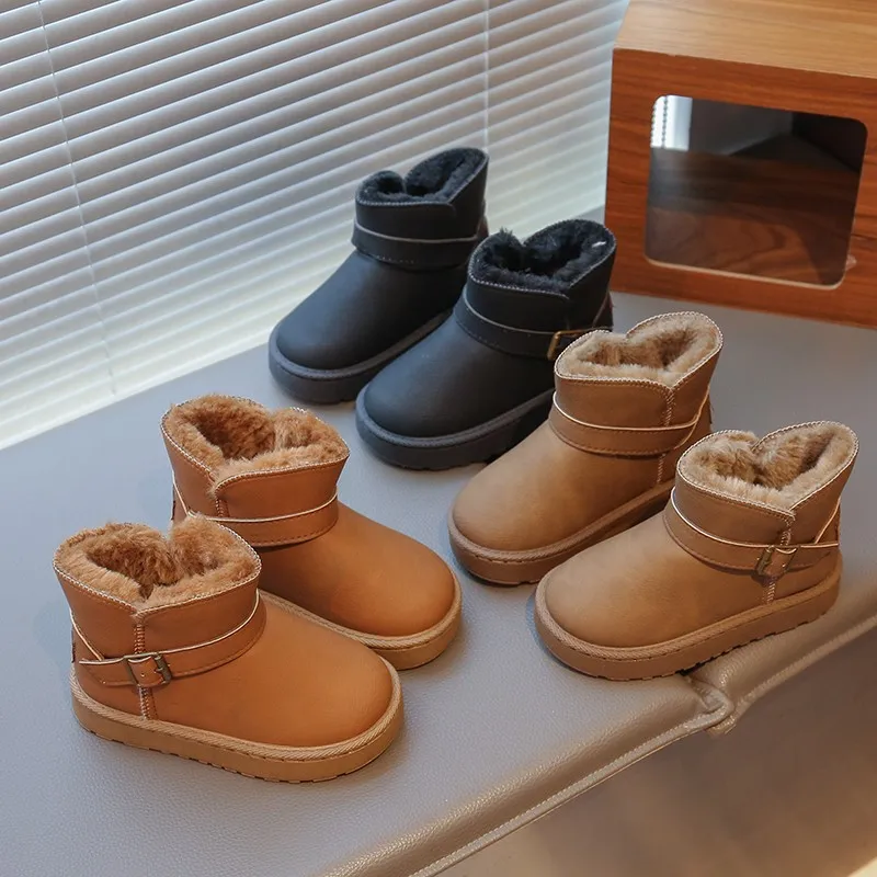 어린이 짧은 부츠 편안한 플러시 키즈 스노우 부츠 라운드 토 2026 신상 패션 남아 여아 캐주얼 부츠 단색 다용도