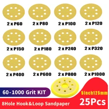 

25pcs 125mm Sandpaper Round Shape Sanding Discs Hook Loop Sanding Paper Buffing Sheet 8 Hole Sander Polishing Pad