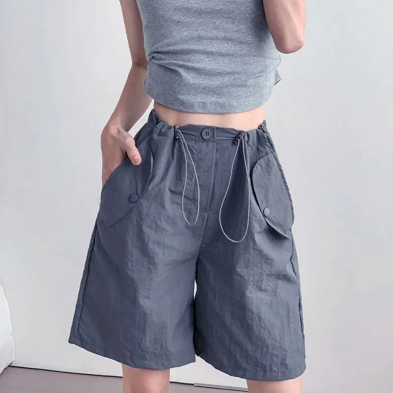 

Summer Thin Lounge Shorts With Pockets Female Vintage High Wiast Drawstring Wide Leg Shorts Women Casual Loose Knee-Length Pants