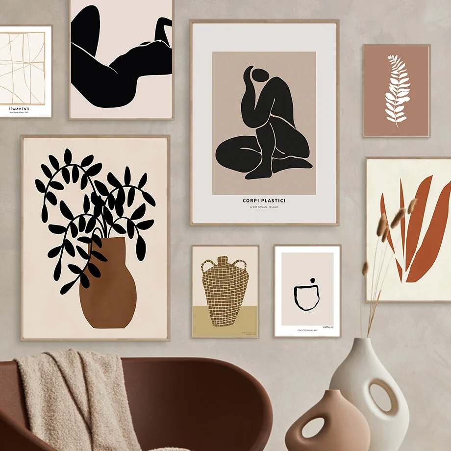 

Boho Minimalist Abstract Geometry Woman Vase Leaf Plant Wall Art Print Canvas Painting Nordic Poster Living Room Home Decoration