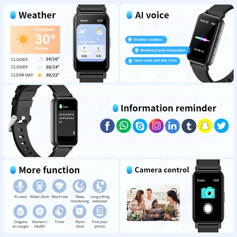 LIGE Smart Watch Men Women Smart Bracelet Wristband 1.45 Inch Heart Rate Waterproof Sports Fitness Tracker Bluetooth Call Band