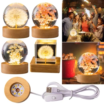 3D Round Ball Night Lamp Flower Crystal Ball Night Light with Wooden Base Office Home Decor Valentine's Day Gift for Men Women 2