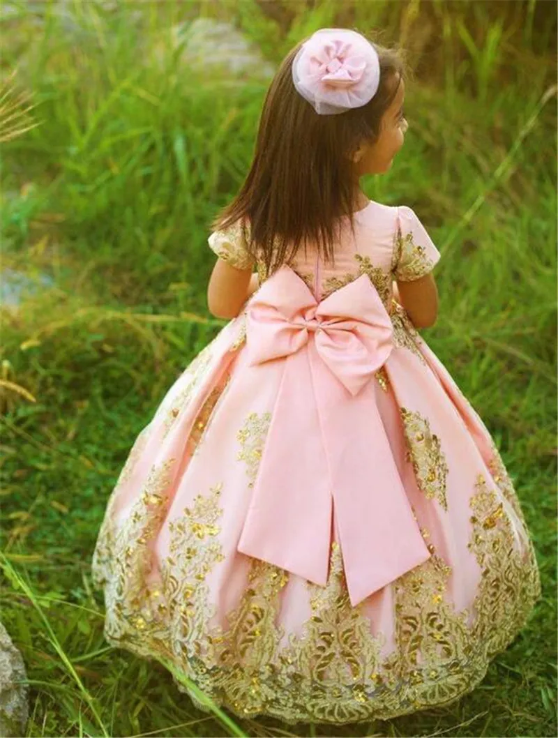 

Fluffy Flower Girl Dresses Gold Appliques Pink Satin Baby Girl Dress For Christmas Kids Birthday Party Gown Big Ribbon