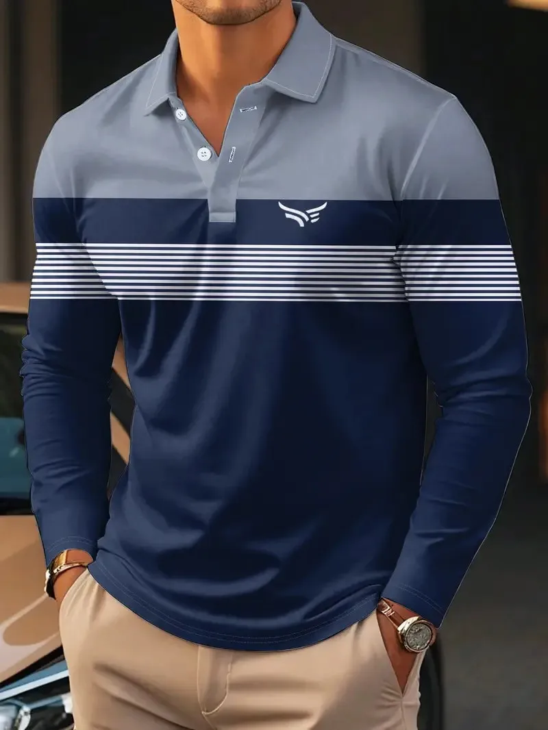 Men’s long sleeve 3D striped breathable casual streetwear polo shirt 78454