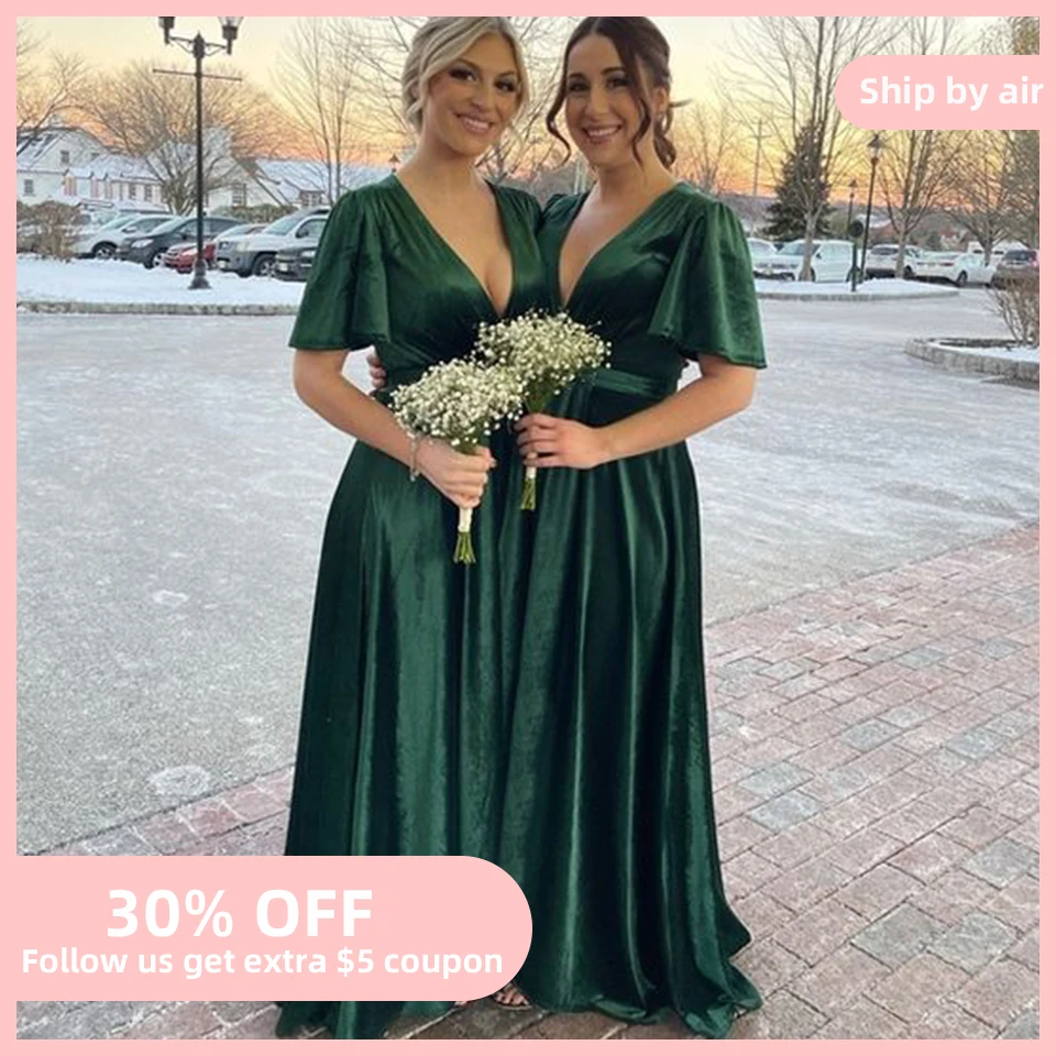 Emerald Green Velvet Wedding Bridesmaids Dresses 2023 V neck Women's
