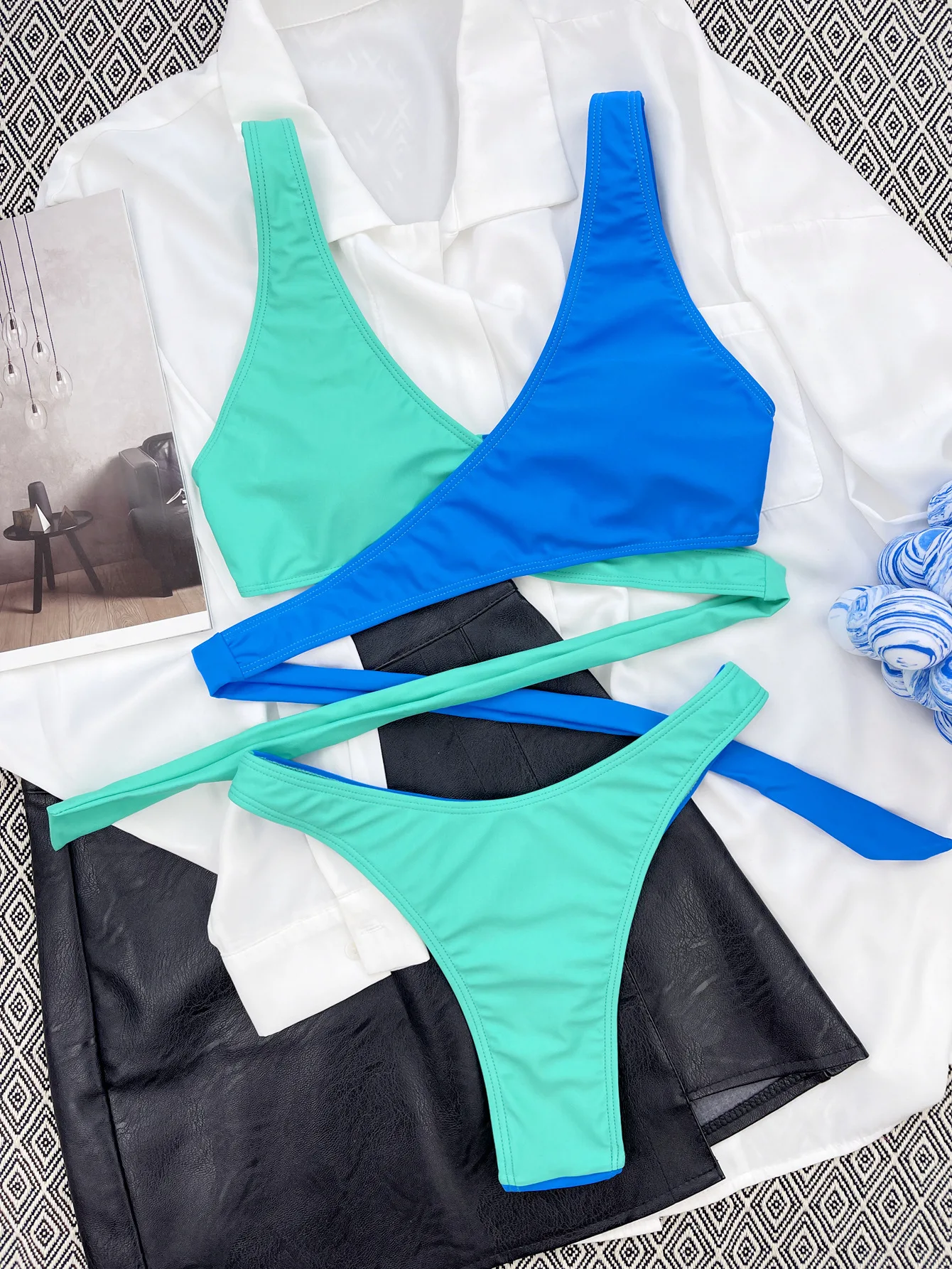 bathing suits Women Elegant Fashion Swimsuit Female Panelled Blue Green Bathing Suits Swimwear High Waist Bikini Set Trajes De Baño Mujer gold bikini set