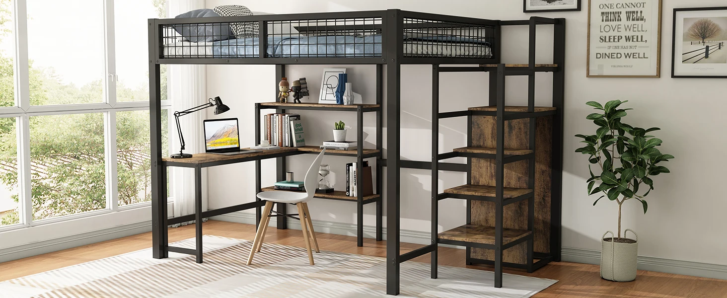 Hochbett, 140*200 cm, Eisenbett, Aufbewahrungsleiter, mehrere Regale, ohne Matratze, integrierter Kleiderschrank, Schreibtisch, schwarz – Detail 21