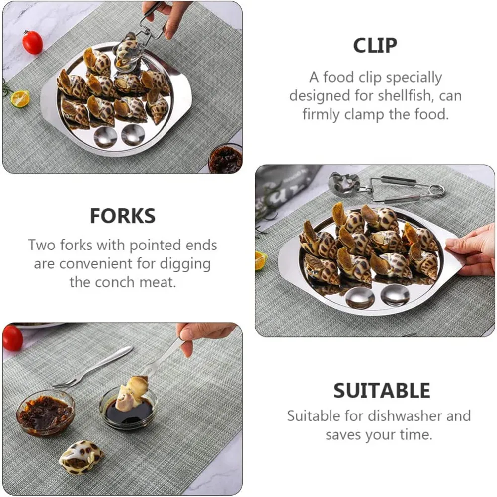 Snail Escargot Plate Stainless Escargot Baking Dish Platter with Tong Forks Round Mushroom Serving Tray for Home BBQ