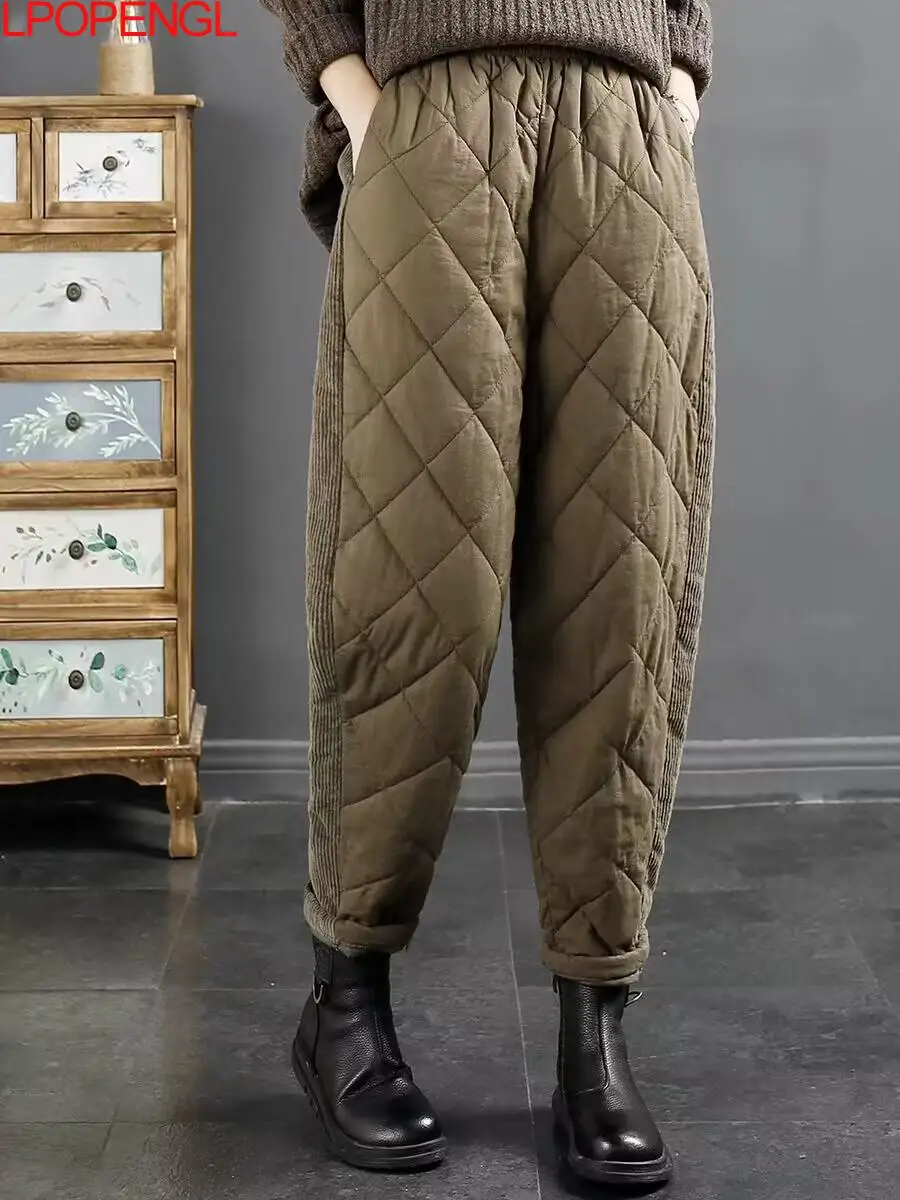 

Women's Winter Lingge Patchwork Solid Thickened Harem Streetwear Elastic Waist Keep Warm Ankle-length Pants