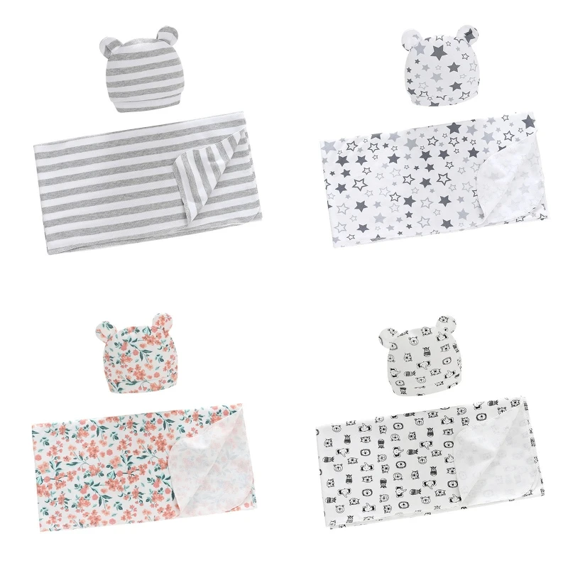 

2 Pcs Baby Receiving Blanket Hat Set Floral Printed Sleepsack Ears Cap Turban Headwrap 40JC