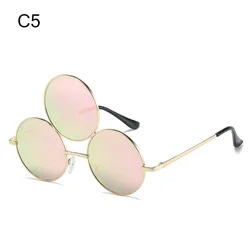 Tri - Lens Round Vintage Sunglasses with Metal Frame - Fashionable UV400 Protection Eyewear (C5)