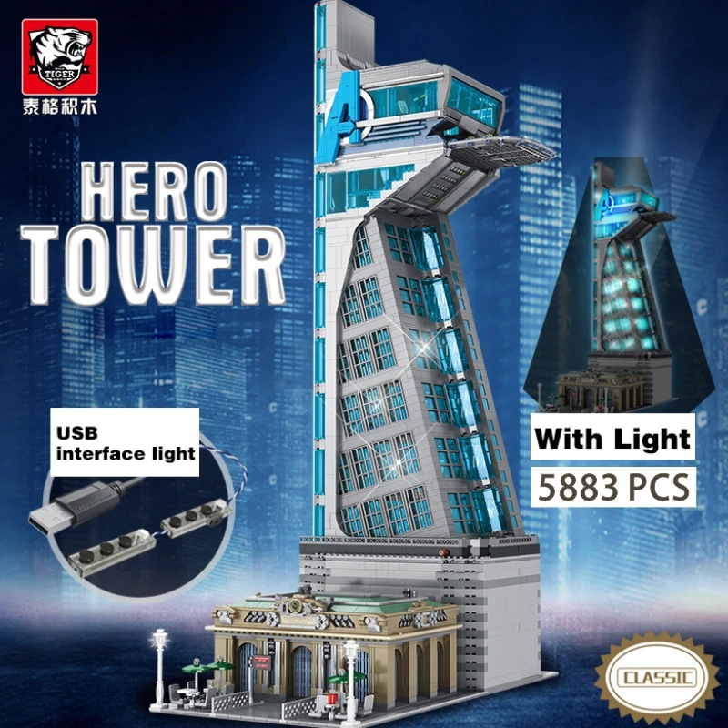 

With Light Set 5883 PCS Attack Tony Stark Iron Tower Battle Building Blocks Bricks Toy Birthday Christmas Gift 55120