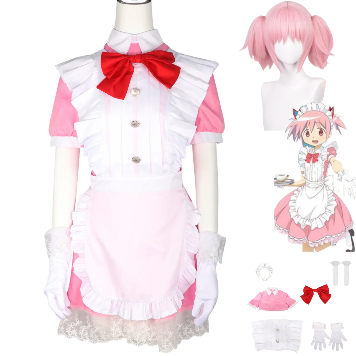 

Anime Puella Magi Madoka Magica Kaname Madoka Cosplay Costume Wig Pink Maid Attire Lolita Dress Woman Sexy Kawaii Carnival Suit