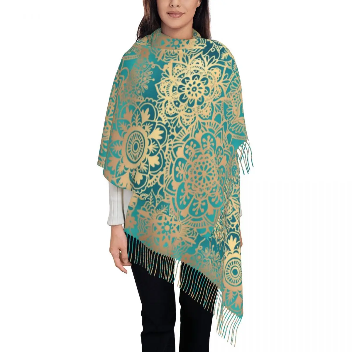 

Gold Mandala Scarf Women Retro Bohemian Print Headwear Scarves with Long Tassel Autumn y2k Cool Shawls Wrpas Outdoor Bandana