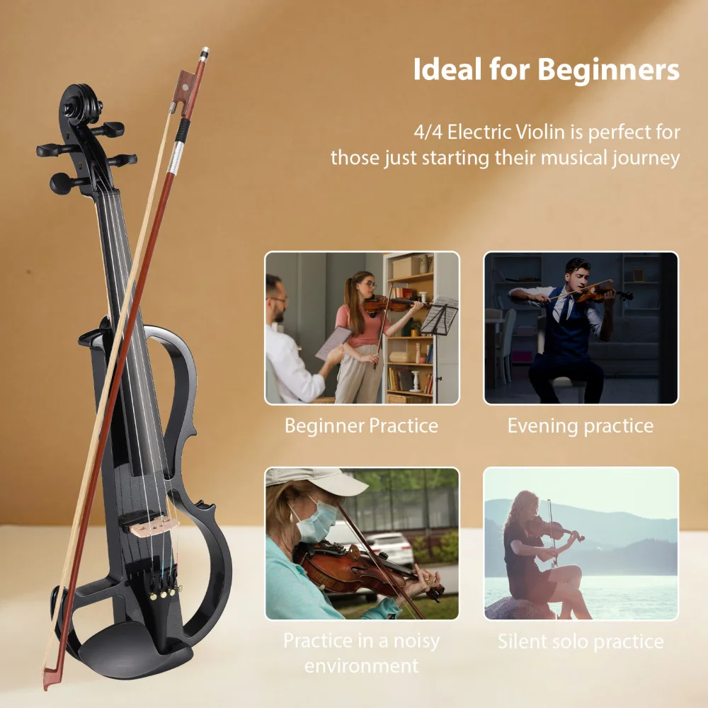 Full Size 4/4 Violin Set with Hard Case Headphones Connecting Cables for Beginner Violin Accessories